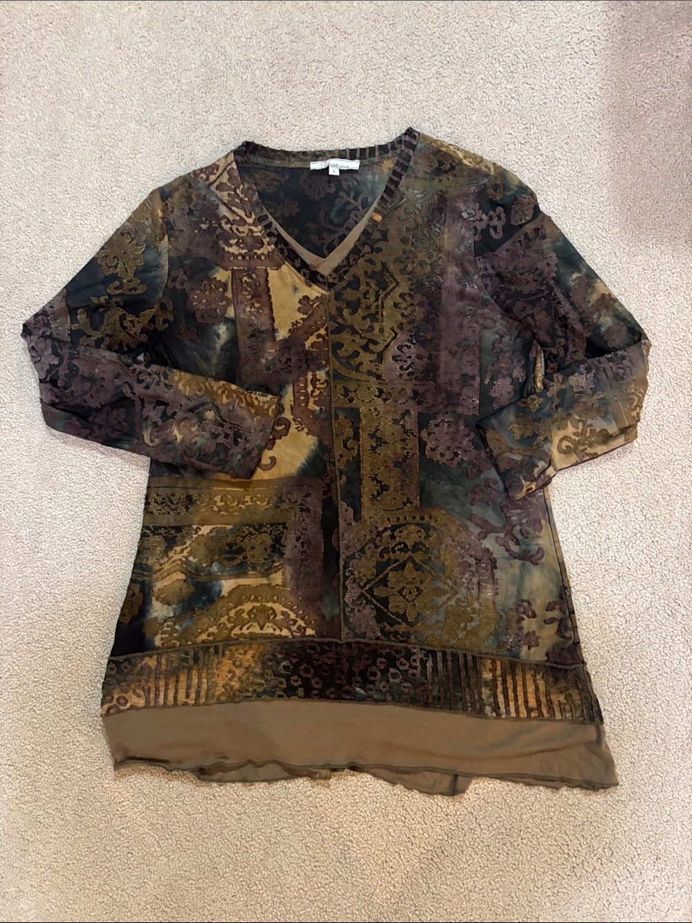 V-Neck Patchwork Print Tunic Top in Olive Multi